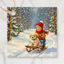 Weihnachtsszene im Vintage-Stil, Junge auf Schlitt