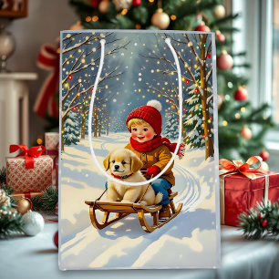Weihnachtsszene im Vintage-Stil, Junge auf Schlitt Mittlere Geschenktüte