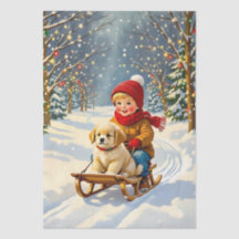 Weihnachtsszene im Vintage-Stil, Junge auf Schlitt
