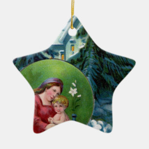 Weihnachtsszene im Vintage-Stil mit Mutter und Kin Keramikornament