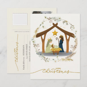 Weihnachtsszene Jesuskind in der Krippe Ihr Foto Feiertagspostkarte
