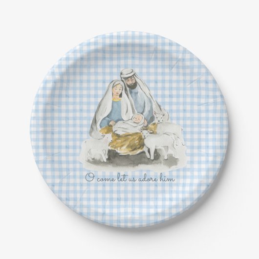 Weihnachtsszene, Krippe, Gingham Blau Pappteller (Vorderseite)