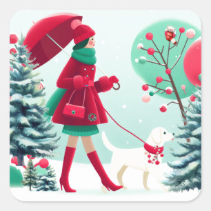 Weihnachtsszene Mädchen führt Hund spazieren Quadratischer Aufkleber