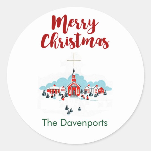 Weihnachtsszene mit einer Roten Kirche und Stern O Runder Aufkleber (Vorderseite)