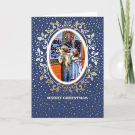 Weihnachtsszene mit Kindern und Welpen Feiertagskarte