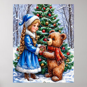 Weihnachtsszene mit Mädchen und Teddybär Poster