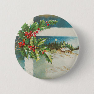 Weihnachtsszene Stechpalme Schnee Winter Kunstwerk Button