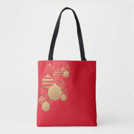 Weihnachtstasche mit Schmuckkugeln auf rotem Hinte Tasche
