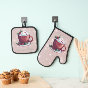 Weihnachtstasse heiße Schokolade Rosafarben Ofenhandschuh & Topflappen-Set