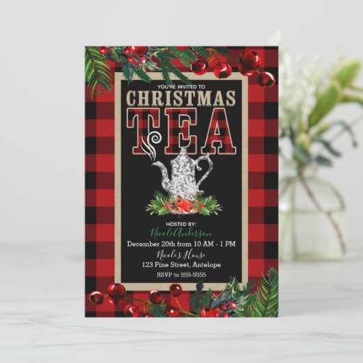 Weihnachtstee Party Rustikales Rotes Buffalo Karie Einladung (Stehend Vorderseite)