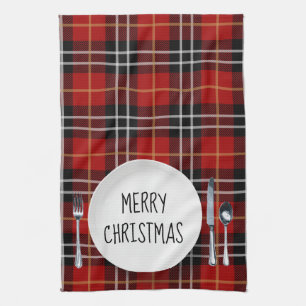 Weihnachtsteller auf Tartan-Karo Geschirrtuch