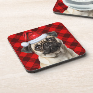 Weihnachtsthema Mops-Hund-Feiertag Buffalo Plaid Getränkeuntersetzer
