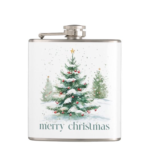 Weihnachtsthema Snowy Tree Retro Typografie Flachmann (Vorderseite)