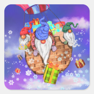 Weihnachtsticker Gnomes Flying und gibt Geschenke Quadratischer Aufkleber