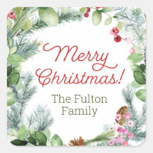 Weihnachtsticker, Grünpflanzen und Beeren