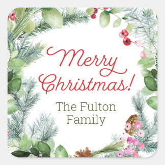 Weihnachtsticker, Grünpflanzen und Beeren Quadratischer Aufkleber