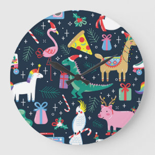 Weihnachtstiere, Niedliches Nahtloses Design. Große Wanduhr
