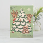 Weihnachtstiere rund um den Baum Feiertagskarte (Stehend Vorderseite)