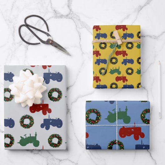 Weihnachtstraktoren gemustert geschenkpapier set (Vorderseite)