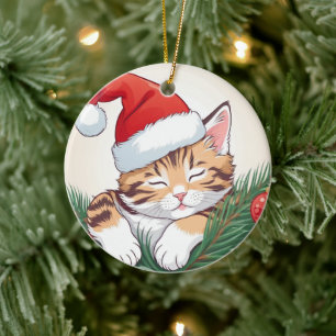 Weihnachtstrände - Schlafkätzchen in Weihnachtsman Keramik Ornament