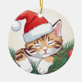 Weihnachtstrände - Schlafkätzchen in Weihnachtsman Keramik Ornament (Vorne)
