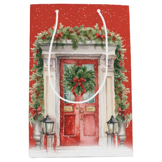 Weihnachtstür mit Schneeflocken Mittlere Geschenktüte (Vorderseite)