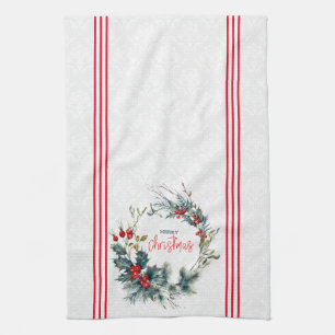 Weihnachtstypografie Rote Beeren Wasserfarbenkranz Geschirrtuch