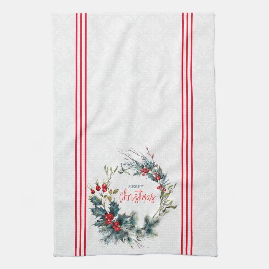 Weihnachtstypografie Rote Beeren Wasserfarbenkranz Geschirrtuch (Vertikal)