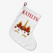 Weihnachtsunicorn-Poinsettia-rotes Gold Großer Weihnachtsstrumpf (Vorderansicht (hängend))