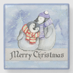 WEIHNACHTSUntersetzer. PINGUINE, SCHAL UND HUT Steinuntersetzer