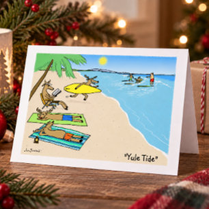 Weihnachtsurlaub von Santa und Rentieren am Strand Feiertagskarte