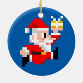 Weihnachtsverzierung: 8-Bitweihnachtsmann (blau) Keramikornament