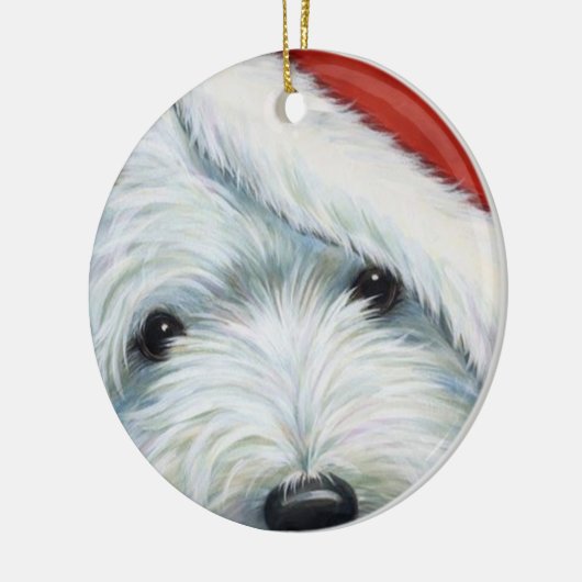 Weihnachtsverzierung "flockiger Sankt" Westie Keramikornament (Links)