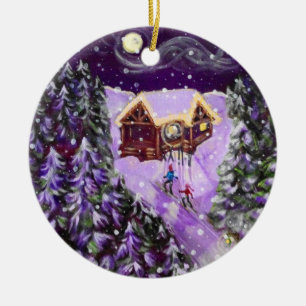Weihnachtsverzierung - Laternen-Ski Keramikornament