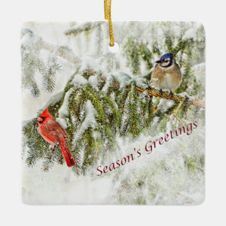 Weihnachtsverzierung mit Kardinal und blauem Jay Keramikornament
