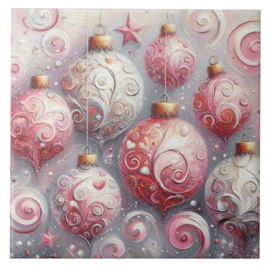 Weihnachtsverzierungen Bälle Rosa Weiß mit Wirbel Fliese (Vorderseite)