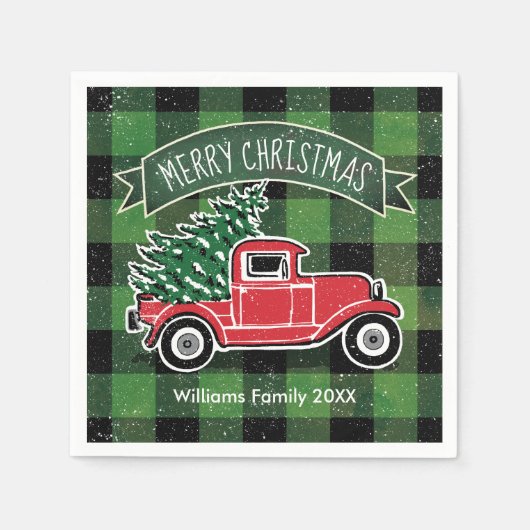 WeihnachtsVintager LKW-Namen-Grün-Büffel kariert Serviette (Vorderseite)