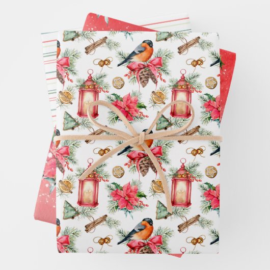 Weihnachtsvögel, Cookies, Poinsettias und Streifen Geschenkpapier Set (Beispiel)