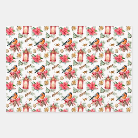 Weihnachtsvögel, Cookies, Poinsettias und Streifen Geschenkpapier Set (Vorderseite)