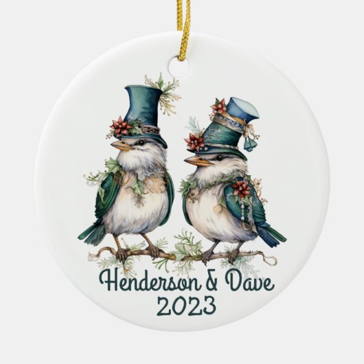 Weihnachtsvögel Couple Green Keramik Ornament (Vorne)
