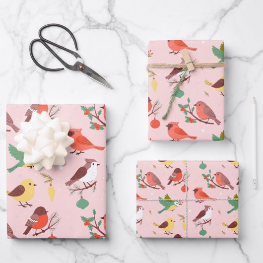 Weihnachtsvögel im Winter Geschenkpapier Set (Vorderseite)