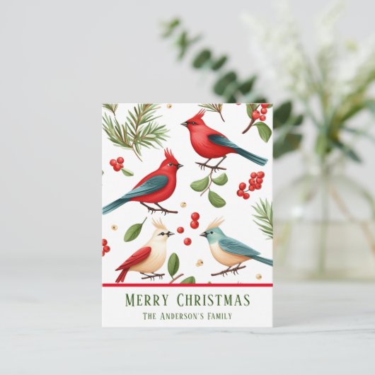 Weihnachtsvögel und Berries Custom Postkarte (Stehend Vorderseite)