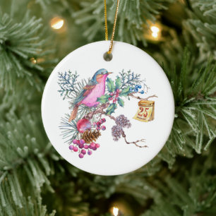 Weihnachtsvögel und Berries Keramik Ornament