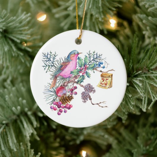 Weihnachtsvögel und Berries Keramik Ornament (Baum)