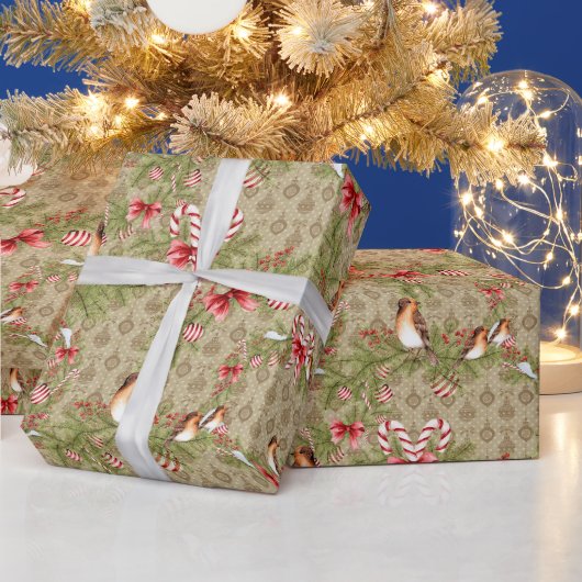 Weihnachtsvögel und Kiefernstrassen und Kanonen Geschenkpapier (Feiertage)