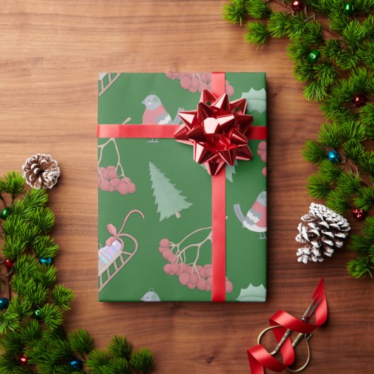 Weihnachtsvögel und Sleds Grün Geschenkpapier