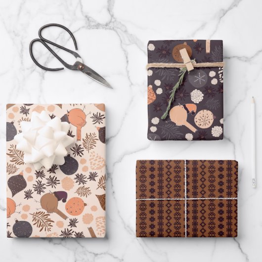 Weihnachtsvögel, Ziergegenstände, Kiefernfüße, Blu Geschenkpapier Set (Vorderseite)