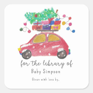 Weihnachtswagen - Buchzeichen, Babybücher Quadratischer Aufkleber