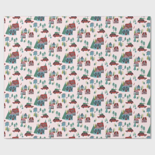 Weihnachtswagen Dorf Pink Retro Auto Geschenkpapier (Flach)