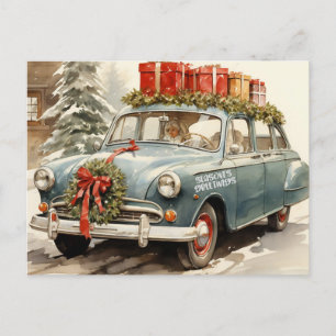 Weihnachtswagen mit Geschenken Feiertagspostkarte